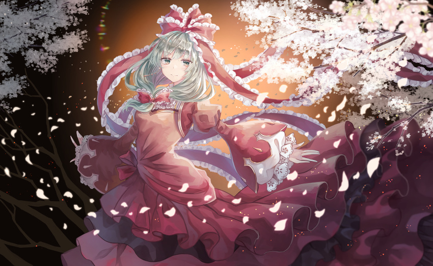 1girl bangs bare_tree bow breasts cherry_blossoms chromatic_aberration closed_mouth dress drop_earrings earrings eyebrows_visible_through_hair feet_out_of_frame frilled_bow frilled_ribbon frills front_ponytail green_eyes green_hair hair_bow hair_ribbon highres jewelry juliet_sleeves kagiyama_hina lace_trim lens_flare light_blush light_smile long_hair long_sleeves looking_at_viewer medium_breasts miyakure petals puffy_sleeves red_bow red_dress red_ribbon ribbon sleeves_past_wrists solo touhou tree wide_sleeves