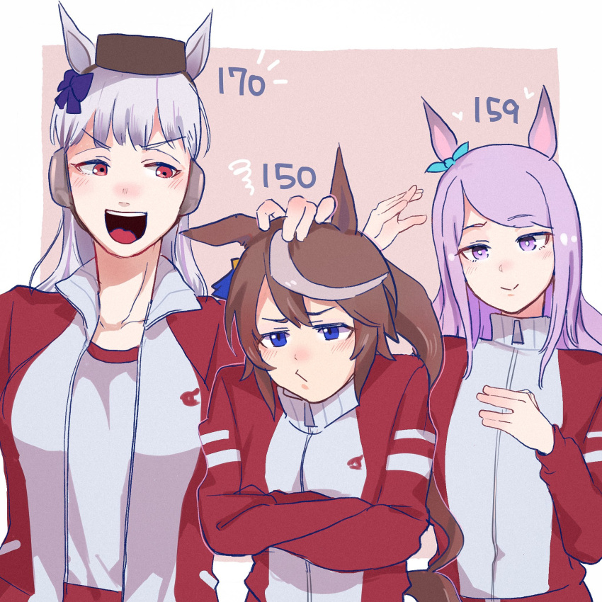 3girls animal_ears brown_hair character_request commentary_request crossed_arms hand_on_another's_head hat headpat height_chart height_difference highres horse_ears humiliation long_sleeves mejiro_mcqueen_(umamusume) multiple_girls petting smile sunacha tokai_teio_(umamusume) umamusume yuri