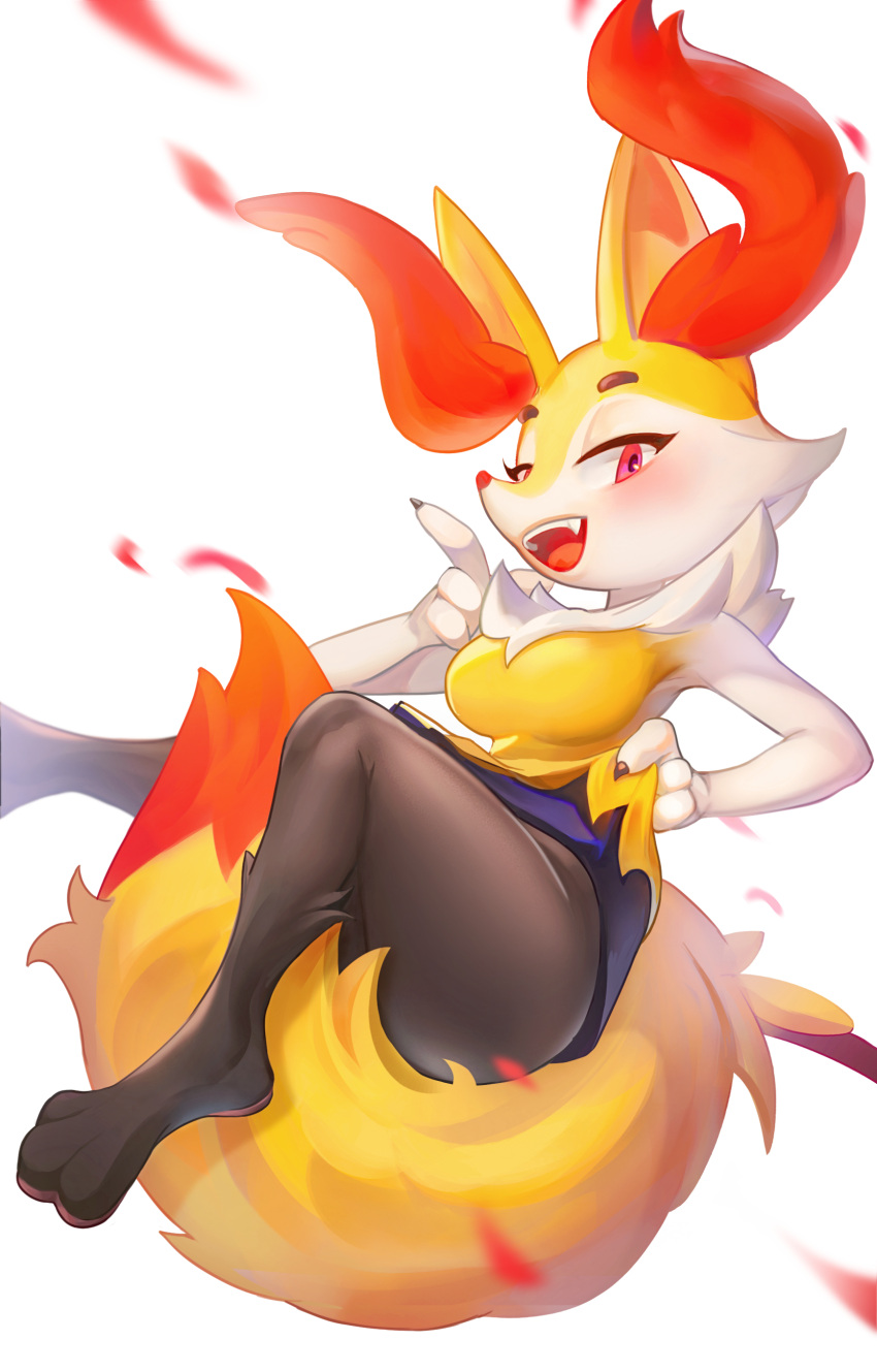 1girl absurdres animal_ear_fluff animal_ears animal_feet animal_hands animal_nose armpits between_legs black_fur blush body_fur braixen breasts claws commentary english_commentary fang fox_ears fox_girl fox_tail fur_collar furry furry_female half-closed_eyes hand_up happy highres index_finger_raised lifted_by_self looking_at_viewer medium_breasts mixed-language_commentary momikacha open_mouth pawpads pokemon pokemon_(creature) red_eyes simple_background smile snout solo tail tail_between_legs teeth thick_thighs thighs white_background white_fur yellow_fur