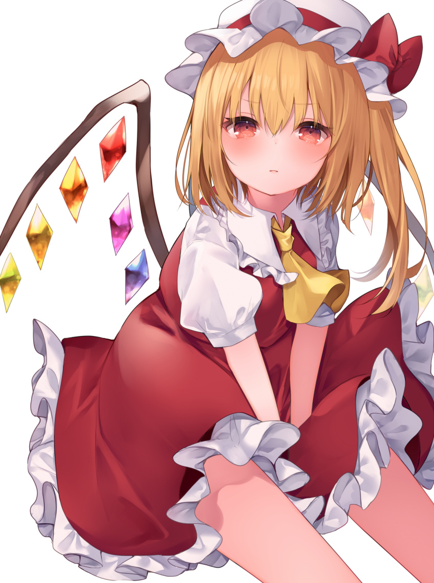 1girl ascot bangs between_legs blonde_hair blush bow closed_mouth crystal eyebrows_visible_through_hair feet_out_of_frame flandre_scarlet flat_chest frilled_shirt_collar frills from_above furrowed_brow hair_between_eyes hand_between_legs hat hat_bow highres komomo_(ptkrx) light_frown looking_at_viewer medium_hair mob_cap one_side_up petticoat puffy_short_sleeves puffy_sleeves red_bow red_eyes red_skirt red_vest short_sleeves simple_background sitting skirt solo touhou v_arms vest white_background white_headwear wings yellow_ascot