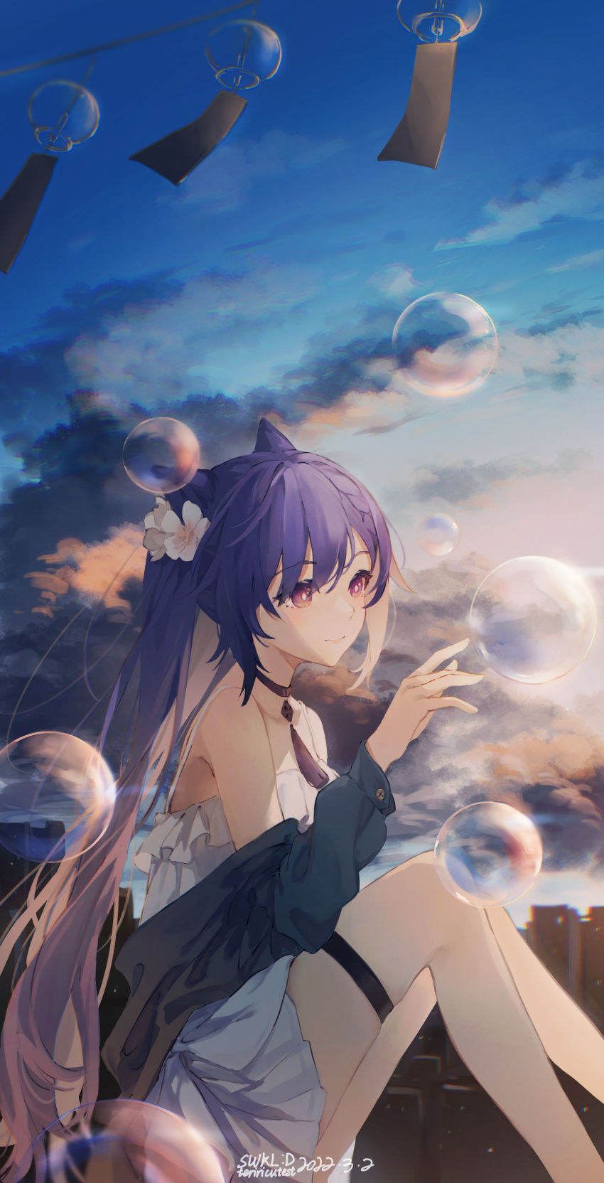 1girl absurdres artist_name bangs bare_shoulders braid bubble choker closed_mouth dress evening genshin_impact hair_cones hand_up highres jacket jacket_partially_removed keqing_(genshin_impact) long_hair long_sleeves purple_hair signature smile solo swkl:d thigh_strap twintails white_dress wind_chime