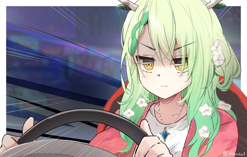 1girl antlers bangs braid braided_bangs branch ceres_fauna collarbone flower green_hair hair_flower hair_ornament highres hololive hololive_english initial_d jewelry long_hair multicolored_hair necklace parody shuuzo3 single_braid steering_wheel twitter_username virtual_youtuber yellow_eyes