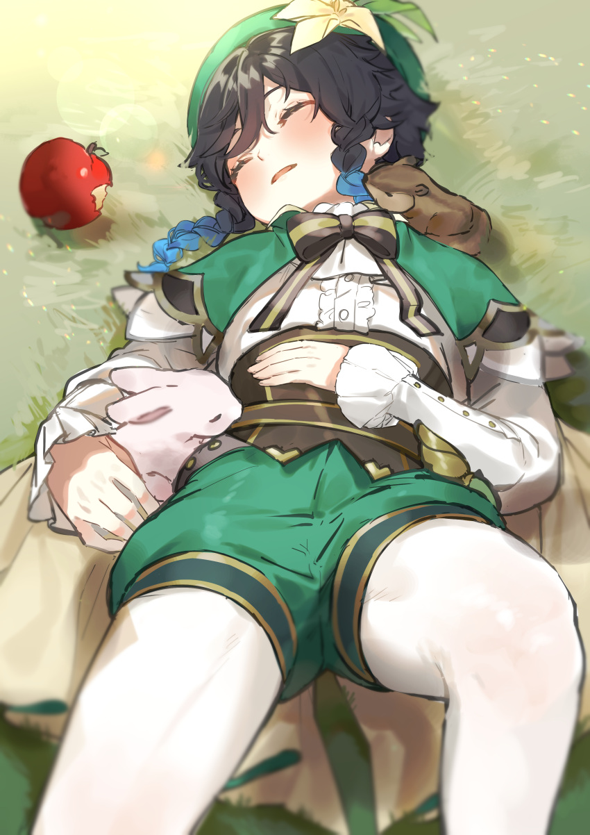 1boy absurdres apple bangs black_hair blue_hair blush braid cape collared_cape corset food frilled_sleeves frills fruit genshin_impact gradient_hair grass green_cape green_shorts hand_on_own_stomach highres kkopoli lying male_focus multicolored_hair on_back open_mouth pantyhose shirt short_hair_with_long_locks shorts sleeping solo squirrel symbol-only_commentary twin_braids venti_(genshin_impact) white_legwear white_shirt