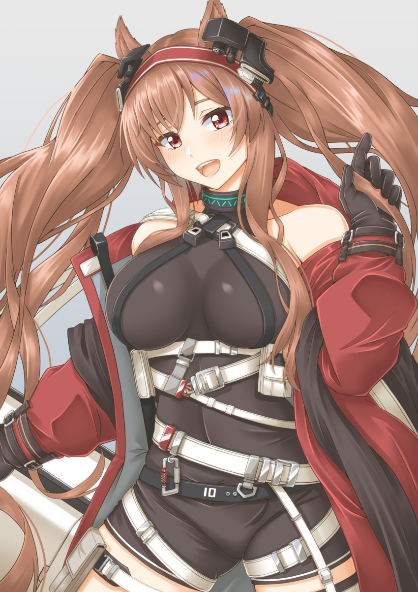 1girl angelina_(arknights) angelina_(distinguished_visitor)_(arknights) animal_ears arknights belt black_gloves black_leotard breasts brown_eyes brown_hair coat cowboy_shot earpiece eyebrows_visible_through_hair fox_ears fox_girl gloves gradient gradient_background grey_background hair_between_eyes hairband headgear highres holding holding_staff infection_monitor_(arknights) jacket leotard long_sleeves looking_at_viewer medium_breasts off_shoulder official_alternate_costume open_clothes open_coat open_mouth red_coat red_hairband red_jacket sano_souichi smile solo staff striped striped_hairband thigh_strap twintails two-tone_hairband white_belt