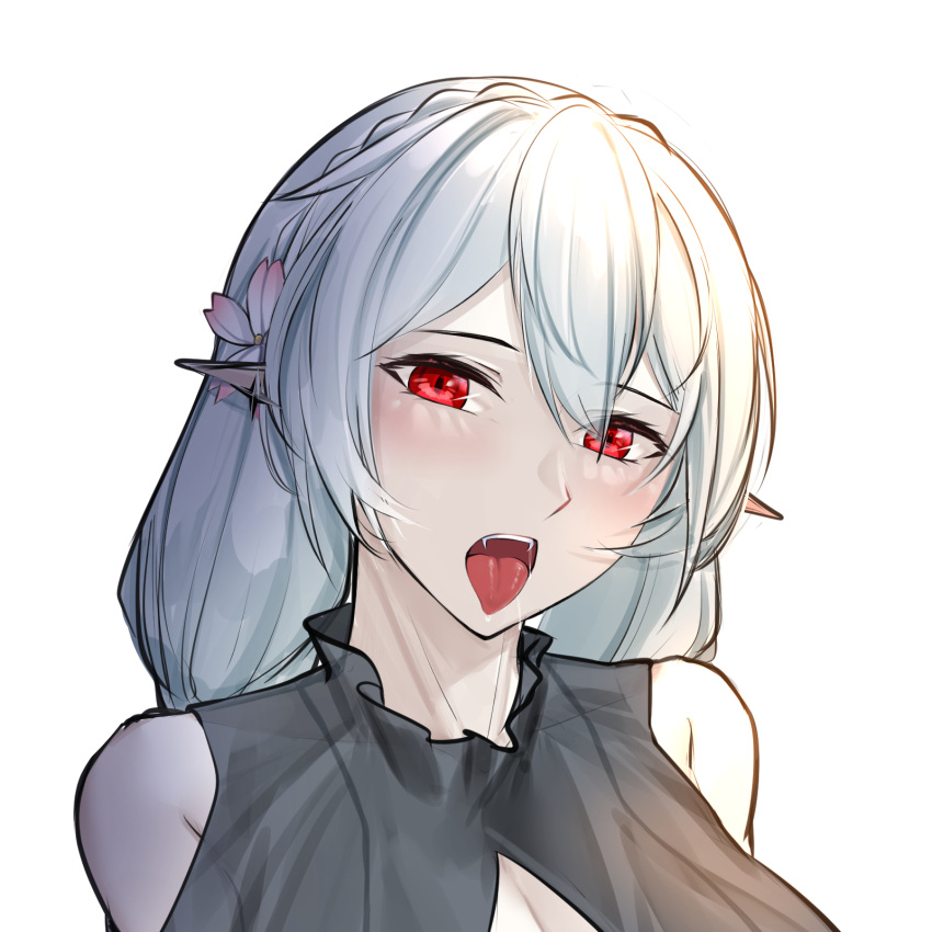 1girl arknights bangs bare_shoulders braid clothing_cutout commentary crown_braid fangs flower hair_between_eyes hair_flower hair_ornament head_tilt highres irkawaza long_hair looking_at_viewer open_mouth pointy_ears portrait red_eyes shoulder_cutout silver_hair simple_background solo tongue tongue_out upper_body warfarin_(arknights) warfarin_(casual_vacation)_(arknights) white_background
