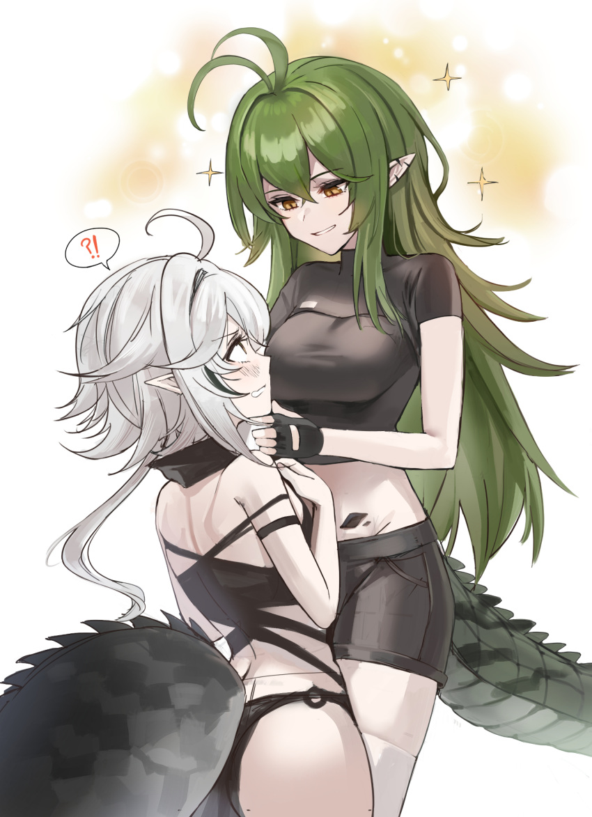 !? 1girl ahoge alternate_costume antenna_hair arknights beruko14 black_shirt black_shorts blush breasts cowboy_shot crocodilian_tail crop_top eye_contact fingerless_gloves gavial_(arknights) gloves grabbing_another's_chin green_hair groin hair_between_eyes hand_on_another's_chin height_difference highres long_hair looking_at_another medium_breasts multicolored_hair oripathy_lesion_(arknights) parted_lips pointy_ears shirt short_hair shorts sidelocks speech_bubble spoken_interrobang streaked_hair tail thigh-highs tomimi_(arknights) very_long_hair white_background white_legwear yellow_eyes yuri