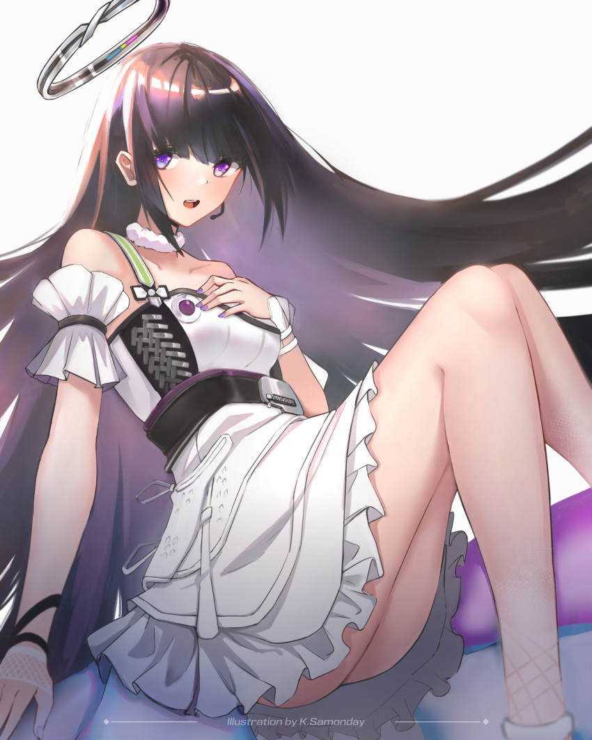 1girl artist_name bangs black_hair blush breasts collarbone dress eyebrows_visible_through_hair girls'_frontline_neural_cloud girls_frontline halo hand_on_own_chest highres ksartworks long_hair looking_at_viewer microphone nail_polish nanaka_(girls'_frontline_nc) open_mouth purple_nails simple_background sitting solo teeth upper_teeth violet_eyes white_background white_dress