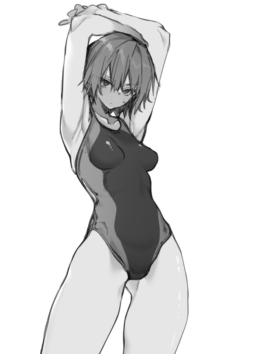 10mo 1girl amagami arms_up bob_cut breasts collarbone contrapposto cowboy_shot greyscale highres looking_at_viewer monochrome nanasaki_ai one-piece_swimsuit short_hair simple_background small_breasts solo standing stretch swimsuit