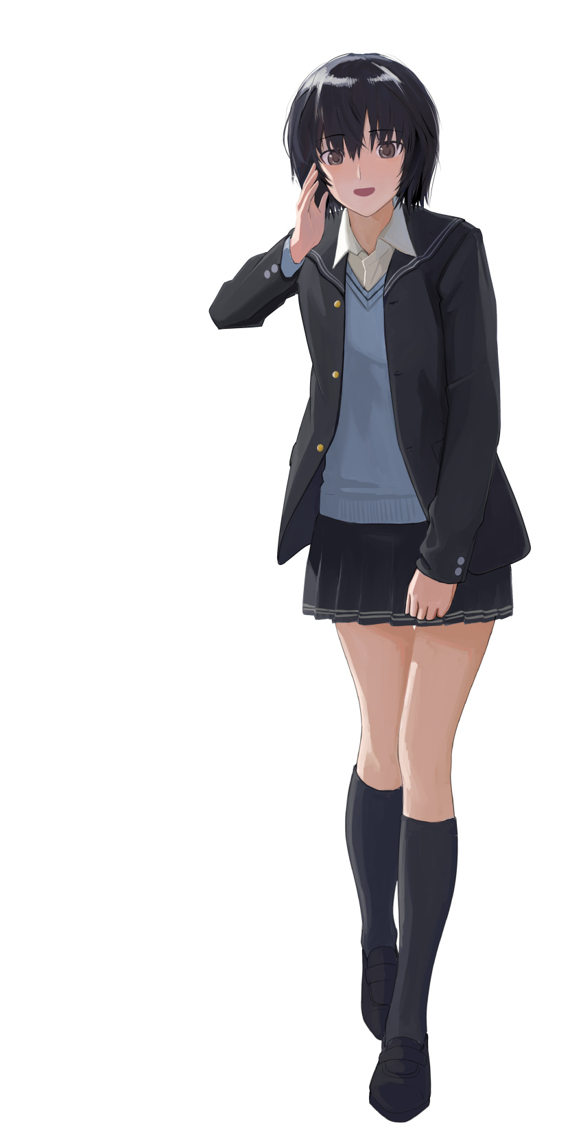 1girl :d absurdres amagami bangs bkhayatej black_hair bob_cut breasts brown_eyes commentary_request eyebrows_visible_through_hair full_body hand_on_own_face highres jacket kibito_high_school_uniform kneehighs long_sleeves looking_at_viewer medium_breasts nanasaki_ai open_mouth school_uniform short_hair smile solo standing white_background