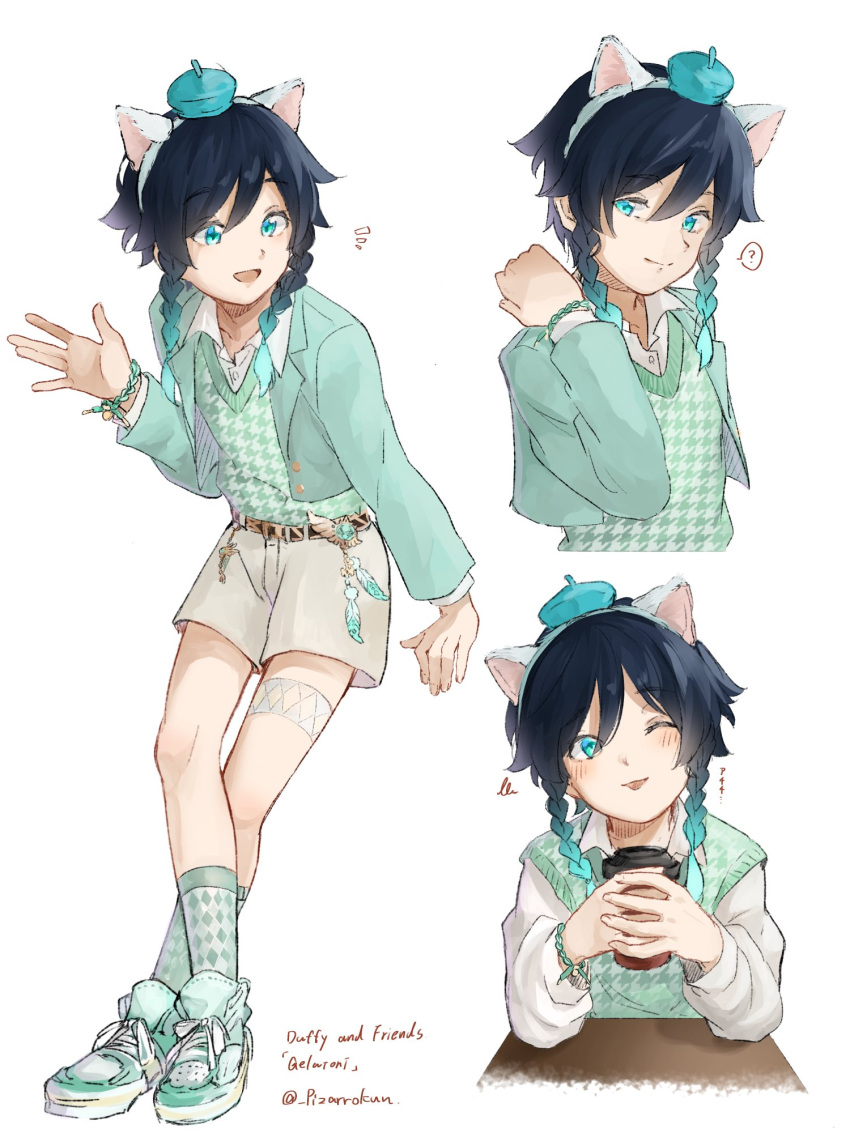 1boy :p ? alternate_costume androgynous animal_ears aqua_eyes aqua_footwear aqua_hair aqua_jacket aqua_legwear artist_name black_hair blush bracelet braid cat_ear_hairband coffee_cup commentary_request cup disposable_cup fake_animal_ears feathers from_side genshin_impact gradient_hair green_vest hat highres holding holding_cup jacket jewelry long_sleeves looking_at_viewer multicolored_hair multiple_views one_eye_closed pizarrokun shirt shoes short_hair_with_long_locks shorts signature simple_background sneakers socks tongue tongue_out twin_braids twitter_username two-tone_hair venti_(genshin_impact) vest vision_(genshin_impact) waving white_background white_shirt