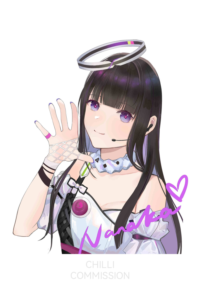 1girl absurdres arm_up artist_name bangs black_hair blush breasts character_name chilli_646 closed_mouth commission cropped_torso dress eyebrows_visible_through_hair girls'_frontline_neural_cloud girls_frontline halo highres long_hair looking_at_viewer microphone nanaka_(girls'_frontline_nc) smile solo upper_body violet_eyes white_background white_dress