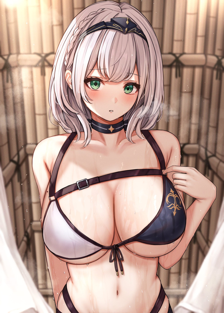 1girl arm_behind_back bamboo_fence bangs bikini blush braid breasts breath choker crown_braid dodon_gadon eyebrows_visible_through_hair fence front-tie_bikini front-tie_top green_eyes grey_hair hairband hand_up highres hololive large_breasts looking_at_viewer medium_hair mole mole_on_breast navel shirogane_noel skindentation solo steam stomach swimsuit upper_body virtual_youtuber wet