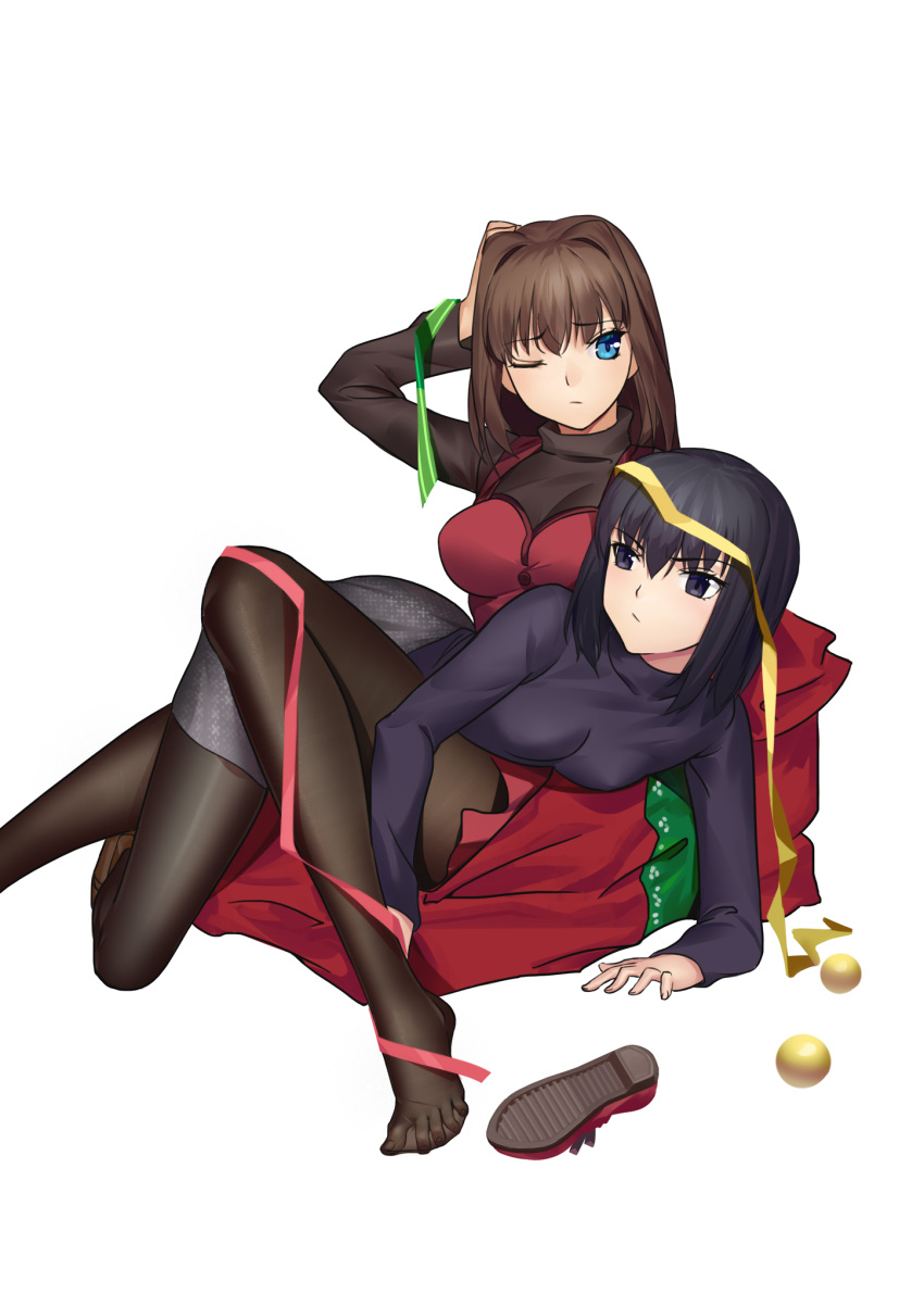 2girls aozaki_aoko bangs black_eyes black_hair black_legwear black_sweater blue_eyes box breasts brown_hair christmas_ornaments commentary cqqz0707 dress eyebrows_visible_through_hair gift gift_box grey_skirt hair_between_eyes hair_intakes hand_on_own_head highres kuonji_alice large_breasts long_hair long_sleeves looking_at_another looking_away lying lying_on_person mahou_tsukai_no_yoru miniskirt multiple_girls no_shoes one_eye_closed pantyhose red_dress shoe_removed shoes shoes_removed short_hair simple_background sitting skirt small_breasts sweater turtleneck turtleneck_sweater white_background