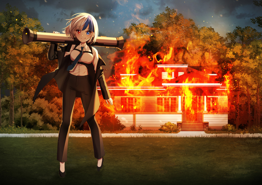 1girl absurdres black_footwear black_jacket black_pants blue_eyes blue_hair blue_necktie blue_sky breasts building burning clouds cloudy_sky collared_shirt commission day dress_shirt fire formal grass grin gun hand_up heterochromia highres holding holding_gun holding_weapon jacket long_sleeves looking_at_viewer mamel_27 medium_breasts multicolored_hair musical_note_earrings necktie off_shoulder open_clothes open_jacket original outdoors pant_suit pants red_eyes rocket_launcher shirt shoes sky sleeves_past_wrists smile solo suit treble_clef tree two-tone_hair weapon white_hair white_shirt