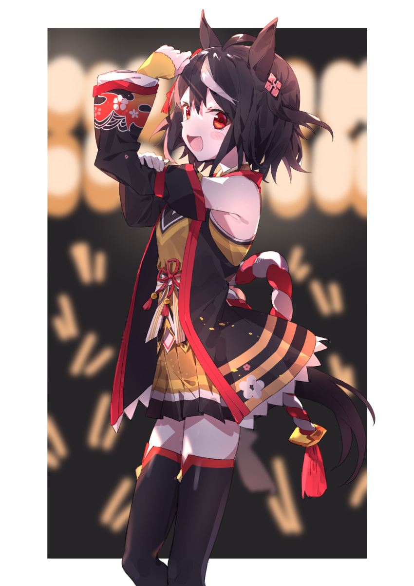 1girl absurdres ahoge animal_ears blurry blurry_background blush commentary_request cottone_(highjethoo) detached_sleeves hair_between_eyes hair_ornament highres horse_ears horse_tail kitasan_black_(umamusume) looking_at_viewer medium_hair red_eyes solo tail thigh-highs umamusume