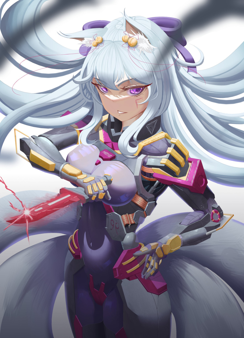 absurdres animal_ear_fluff animal_ears artknight045 bell bow breasts cat_ears character_request clothing_request commentary english_commentary highres indie_virtual_youtuber jingle_bell looking_to_the_side purple_bow science_fiction simple_background tagme teeth violet_eyes virtual_youtuber white_background white_hair