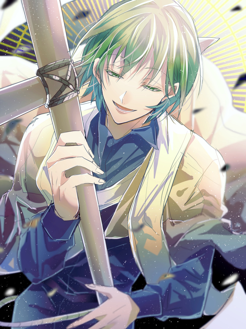 1boy absurdres adams_(toh) black_background black_shirt cross facing_viewer green_eyes green_hair highres holding holding_cross light_rays long_hair looking_down male_focus multicolored_clothes pale_skin shirt short_hair smile solo tower_of_hanoi zinseihamoe