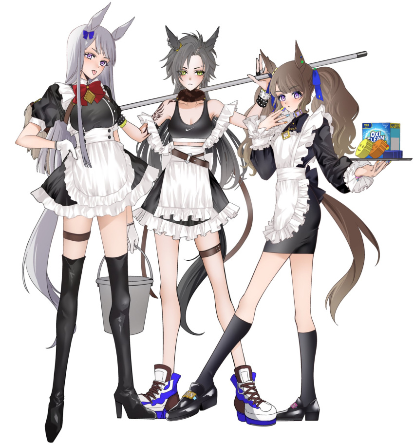 3girls air_shakur_(umamusume) animal_ears anno88888 black_hair boots breasts brown_hair commentary_request full_body gold_ship_(umamusume) highres horse_ears horse_girl horse_tail long_hair looking_at_viewer maid medium_breasts medium_hair multiple_girls simple_background tail thigh-highs thigh_boots tongue tongue_out tosen_jordan_(umamusume) umamusume white_background
