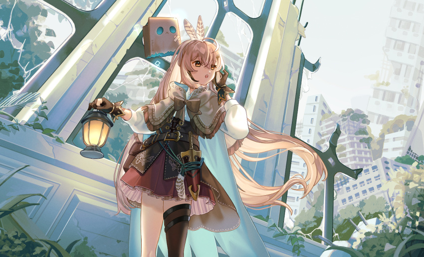 1girl :o ahoge bangs belt brown_capelet brown_cloak brown_corset brown_eyes brown_hair cape capelet city cloak clouds cloudy_sky corset dagger embroidery feather_hair_ornament feathers foliage friend_(nanashi_mumei) gina_61324 gloves grass hair_ornament hairclip highres hololive hololive_english knife lantern long_hair nanashi_mumei overgrown partially_fingerless_gloves plant ponytail pouch red_skirt ribbon ruins shirt single_thighhigh skirt sky thigh-highs thigh_strap very_long_hair virtual_youtuber weapon white_shirt