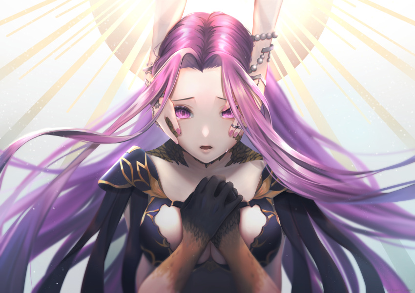 3girls bracelet breasts bustier cleavage_cutout clothing_cutout commentary euryale_(fate) fate/grand_order fate_(series) fingernails gorgon_(fate) halo hands_on_own_chest highres hisame_snow jewelry large_breasts long_hair looking_at_viewer medusa_(fate) multiple_girls nail_polish own_hands_clasped own_hands_together parted_lips purple_hair purple_nails ring scales solo_focus stheno_(fate) teardrop tearing_up upper_body very_long_hair violet_eyes