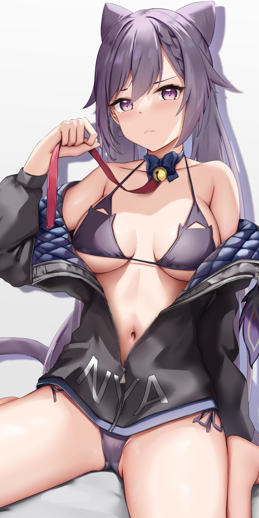 1girl absurdres bangs bare_shoulders bell bikini black_jacket blue_bow bow bow_choker braid breasts breasts_apart cat_tail closed_mouth commentary earrings eyebrows_visible_through_hair genshin_impact hair_cones halter_top halterneck hand_up highres holding jacket jewelry jingle_bell keqing_(genshin_impact) long_hair long_sleeves looking_at_viewer medium_breasts navel neck_bell nyan off_shoulder open_clothes open_jacket partially_unzipped purple_bikini purple_hair side-tie_bikini sitting skai_kun solo string_bikini swimsuit tail twintails very_long_hair violet_eyes