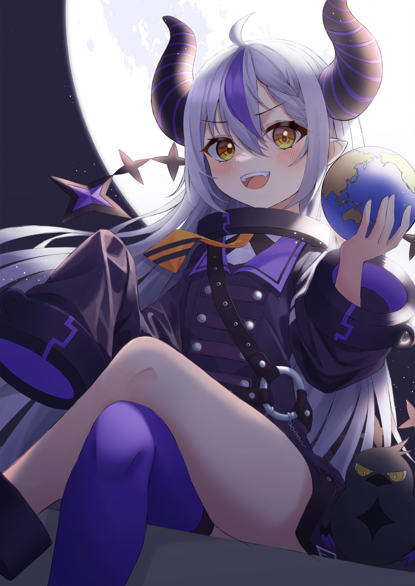 1girl :d absurdres black_coat black_horns blush braid braided_bangs buttons coat crossed_legs demon_girl demon_horns double-breasted hair_between_eyes highres hololive horns la+_darknesss long_hair looking_at_viewer mad_rabbit multicolored_hair purple_legwear silver_hair single_thighhigh sitting sleeves_past_fingers sleeves_past_wrists smile solo streaked_hair striped_horns tail thigh-highs thighs violet_eyes virtual_youtuber yellow_eyes