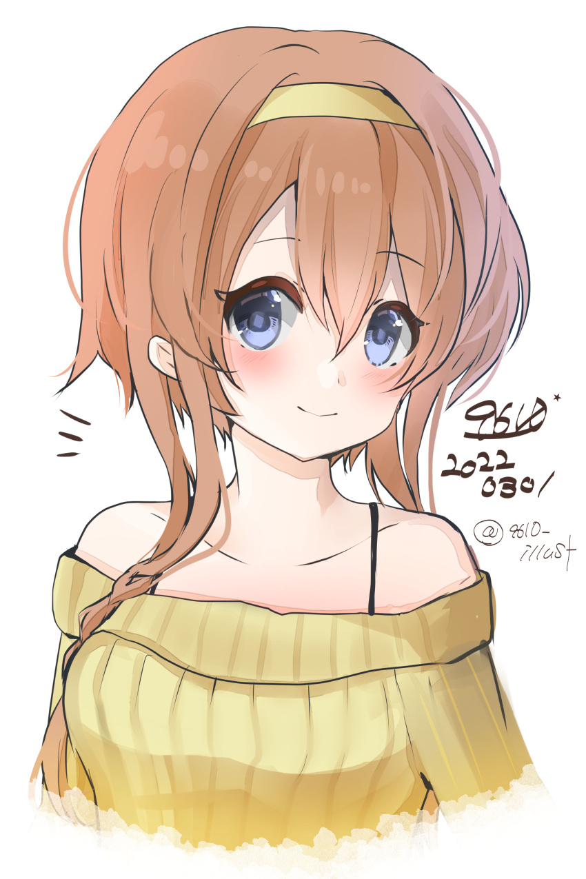 1girl absurdres alternate_costume bare_shoulders braid eiji_(monochromexd) grey_eyes hairband highres kantai_collection light_brown_hair long_hair looking_at_viewer off-shoulder_sweater off_shoulder one-hour_drawing_challenge ribbed_sweater simple_background solo sweater teruzuki_(kancolle) twin_braids upper_body white_background yellow_hairband