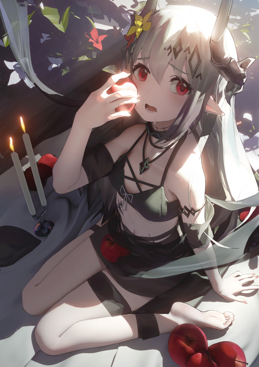 1girl absurdres apple arknights arm_support bangs bare_shoulders barefoot black_choker black_swimsuit blush breasts candle chinese_commentary choker demon_horns eyebrows_visible_through_hair flower food frown fruit full_body grey_hair hair_between_eyes hair_flower hair_ornament highres holding holding_food holding_fruit horns infection_monitor_(arknights) long_hair looking_at_viewer luelue_zi midriff mudrock_(arknights) mudrock_(silent_night)_(arknights) nail_polish navel no_shoes official_alternate_costume on_floor open_mouth oripathy_lesion_(arknights) outdoors pointy_ears red_eyes red_flower red_nails saliva saliva_drip sidelocks sitting small_breasts soles solo sunlight swimsuit toes very_long_hair wariza white_flower yellow_flower