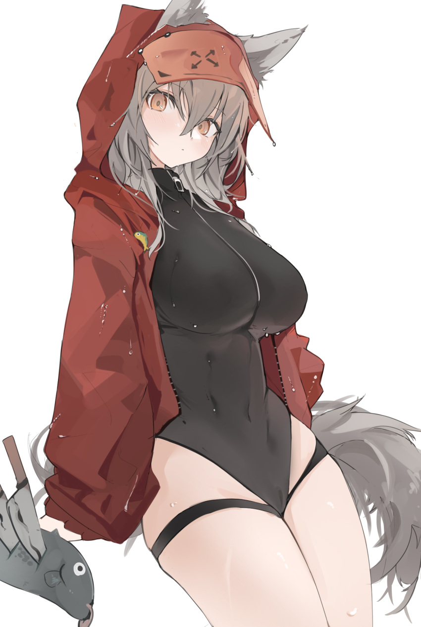 1girl animal_ears arknights bangs black_swimsuit blush breasts brown_hair casual_one-piece_swimsuit closed_mouth covered_navel ears_through_headwear eyebrows_visible_through_hair fish hair_between_eyes highres hood hood_up hooded_jacket jacket knife large_breasts long_hair looking_at_viewer mikojin official_alternate_costume one-piece_swimsuit open_clothes open_jacket projekt_red_(arknights) projekt_red_(light_breeze)_(arknights) red_eyes red_jacket simple_background solo swimsuit symbol-only_commentary tail thigh_strap thighs wet wet_clothes wet_swimsuit white_background wolf_ears wolf_girl wolf_tail