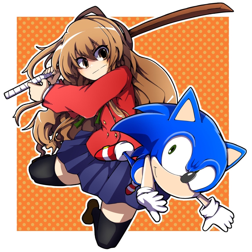 1boy 1girl aisaka_taiga bangs black_legwear blue_skirt border brown_eyes brown_hair closed_mouth commission crossover english_commentary eyebrows_visible_through_hair full_body gloves hedgehog highres holding holding_weapon hurin_raika long_hair long_sleeves looking_at_viewer oohashi_high_school_uniform orange_background outline pleated_skirt polka_dot polka_dot_background red_footwear school_uniform skeb_commission skirt smile sonic_(series) sonic_the_hedgehog sword thigh-highs toradora! v-shaped_eyebrows weapon white_border white_gloves white_outline wooden_sword