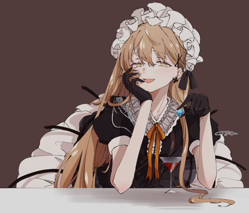 1girl bangs black_gloves citron80citron cocktail cocktail_glass collarbone cup dress drinking_glass eyebrows_visible_through_hair frilled_hairband frills girls_frontline gloves hair_between_eyes hairband hand_on_own_face leaning_forward leaning_on_table light_brown_eyes light_brown_hair long_hair looking_at_viewer open_mouth ppk_(girls'_frontline) puffy_short_sleeves puffy_sleeves ribbon short_dress short_sleeves smile solo very_long_hair