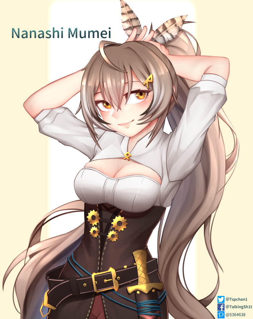 1girl ahoge bangs belt breasts brown_hair character_name cleavage_cutout clothing_cutout commentary facebook_logo facebook_username feather_hair_ornament feathers hair_between_eyes hair_ornament hairclip hands_in_hair highres hololive hololive_english long_hair looking_at_viewer medium_breasts nanashi_mumei orange_eyes pixiv_id pixiv_logo ponytail shirt simple_background smile solo tsp twitter_logo twitter_username tying_hair very_long_hair virtual_youtuber white_shirt