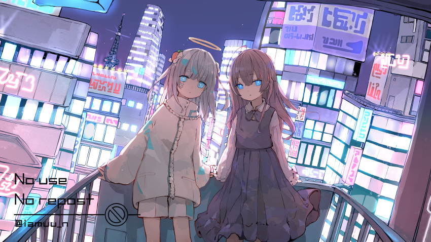 2girls absurdres aiamu_iamu aqua_eyes artist_name black_dress blue_eyes brown_hair city cityscape clothing_request coat commentary commentary_request dress english_text glowing glowing_eyes grey_hair halo highres leaning_on_rail looking_at_viewer multiple_girls neon_lights original shorts signature standing tower white_coat white_shorts