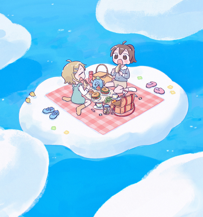 1nupool 2girls absurdres ahoge bird blonde_hair blush_stickers brown_eyes brown_hair chick clouds commentary eating floating food fruit grapes highres holding holding_food muffin multiple_girls ocean original picnic picnic_basket ponytail sandwich shoes shoes_removed short_hair sitting thermos wariza