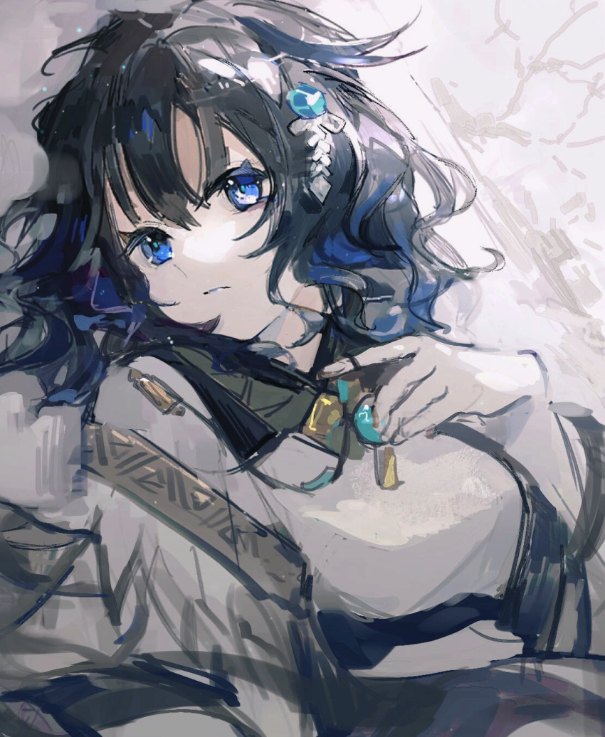 1girl arknights black_hair blue_eyes blue_hair dress grey_background hair_ornament hand_up highres jewelry kjera_(arknights) looking_at_viewer lying multicolored_hair necklace on_back qianzhu sketch solo streaked_hair upper_body wavy_hair white_dress