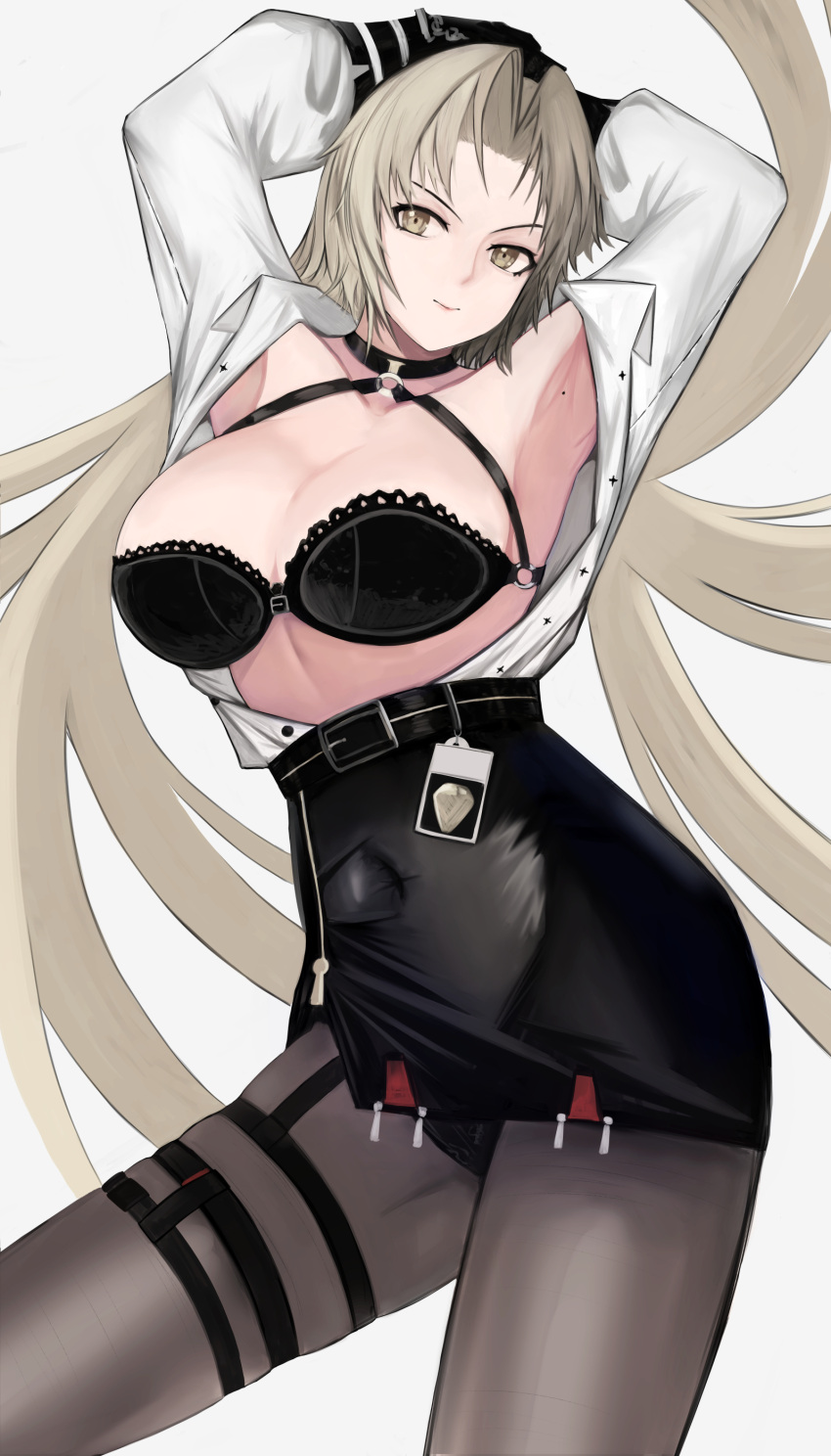 1girl absurdres armpits arms_behind_head autumn_boar azur_lane belt black_belt black_bra black_gloves black_legwear black_panties black_skirt blonde_hair bra bra_strap breasts closed_mouth eyebrows_visible_through_hair feet_out_of_frame gloves highres id_card kronshtadt_(azur_lane) kronshtadt_(begin_the_rush!)_(azur_lane) large_breasts light_brown_eyes lips long_hair looking_at_viewer official_alternate_costume open_clothes open_shirt panties panties_under_pantyhose pantyhose shirt skirt smile solo standing underwear very_long_hair white_background white_shirt