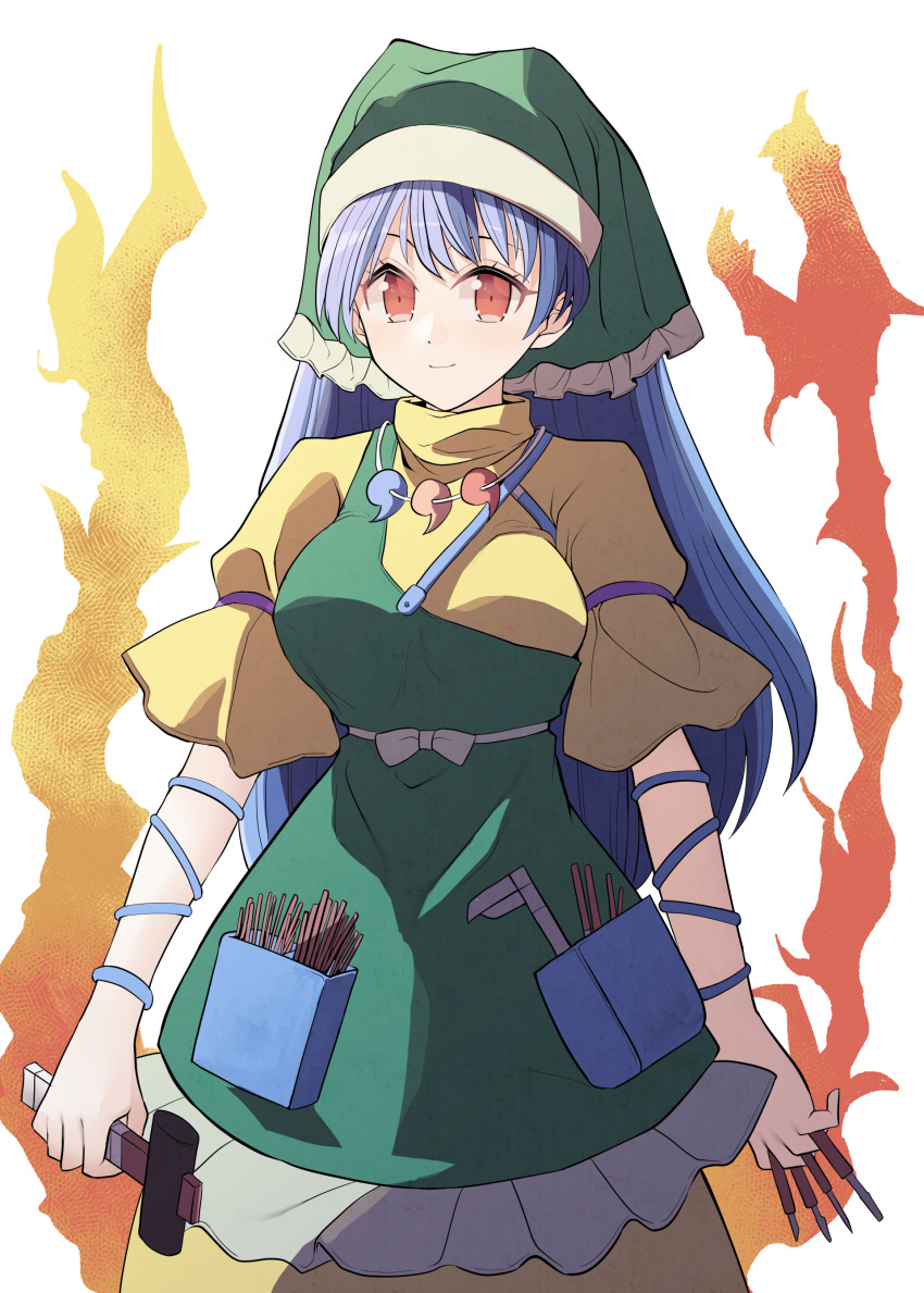 1girl absurdres apron arm_ribbon bangs belt blue_hair blue_ribbon bow breasts brush closed_mouth commentary_request dot_nose dress eyebrows_visible_through_hair fire frills green_apron green_headwear green_scarf grey_belt grey_bow hair_between_eyes haniyasushin_keiki head_scarf highres jewelry large_breasts long_hair looking_at_viewer magatama magatama_necklace necklace pocket puffy_short_sleeves puffy_sleeves red_eyes ribbon scarf sei_(kaien_kien) short_sleeves simple_background smile solo standing touhou white_background yellow_dress