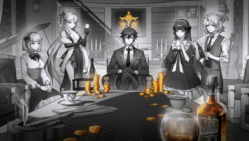 2boys 3girls absurdres albedo_(genshin_impact) alcohol alternate_costume bangs book bookshelf bottle breasts chair clipboard coin crossed_legs cup dress earrings elbow_gloves english_commentary frills genshin_impact gloves greyscale hair_between_eyes hair_ornament hairband highres holding holding_cup holding_pen hwaen indoors instrument jacket jewelry lolita_hairband long_hair looking_at_viewer medium_breasts monochrome multiple_boys multiple_girls necktie ningguang_(genshin_impact) noelle_(genshin_impact) pants pen piano short_hair shorts single_earring sitting smoke spot_color table vest weapon whiskey yun_jin_(genshin_impact) zhongli_(genshin_impact)