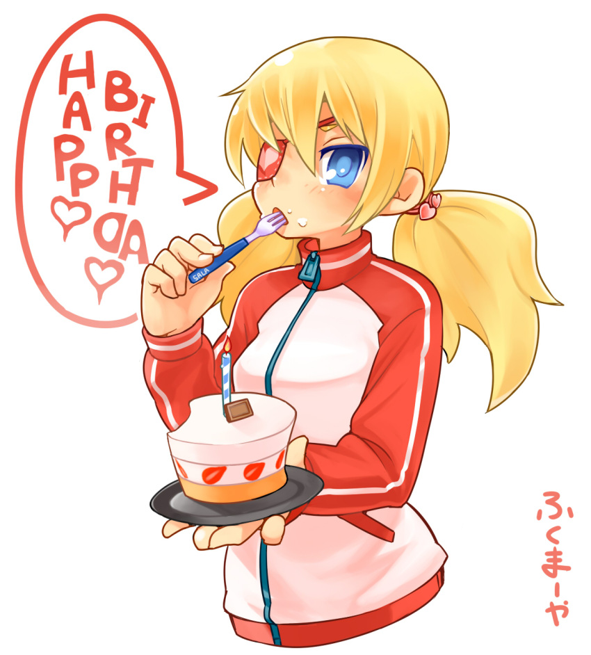 1girl bangs blonde_hair blue_eyes blush cake candle character_request commentary_request copyright_request cropped_torso eyepatch food food_on_face fork fukumaaya hair_between_eyes highres holding holding_fork holding_plate long_hair long_sleeves looking_at_viewer open_mouth plate sidelocks simple_background solo speech_bubble translation_request twintails upper_body white_background zipper zipper_pull_tab