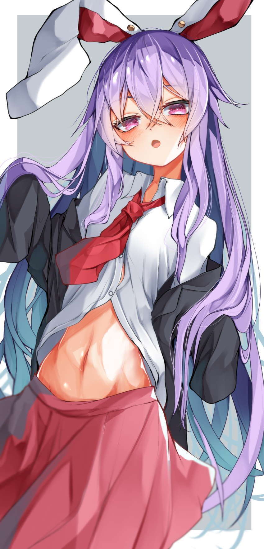1girl :o absurdres bangs blurry border breasts bright_pupils crossed_bangs depth_of_field eyebrows_visible_through_hair floppy_sleeves hair_between_eyes highres long_hair looking_at_viewer midriff navel necktie open_mouth outside_border pink_skirt purple_hair red_necktie reisen_udongein_inaba shirt simple_background skirt sleeves_past_fingers sleeves_past_wrists small_breasts solo touhou tsune_(tune) very_long_hair violet_eyes white_background white_border white_pupils white_shirt wing_collar
