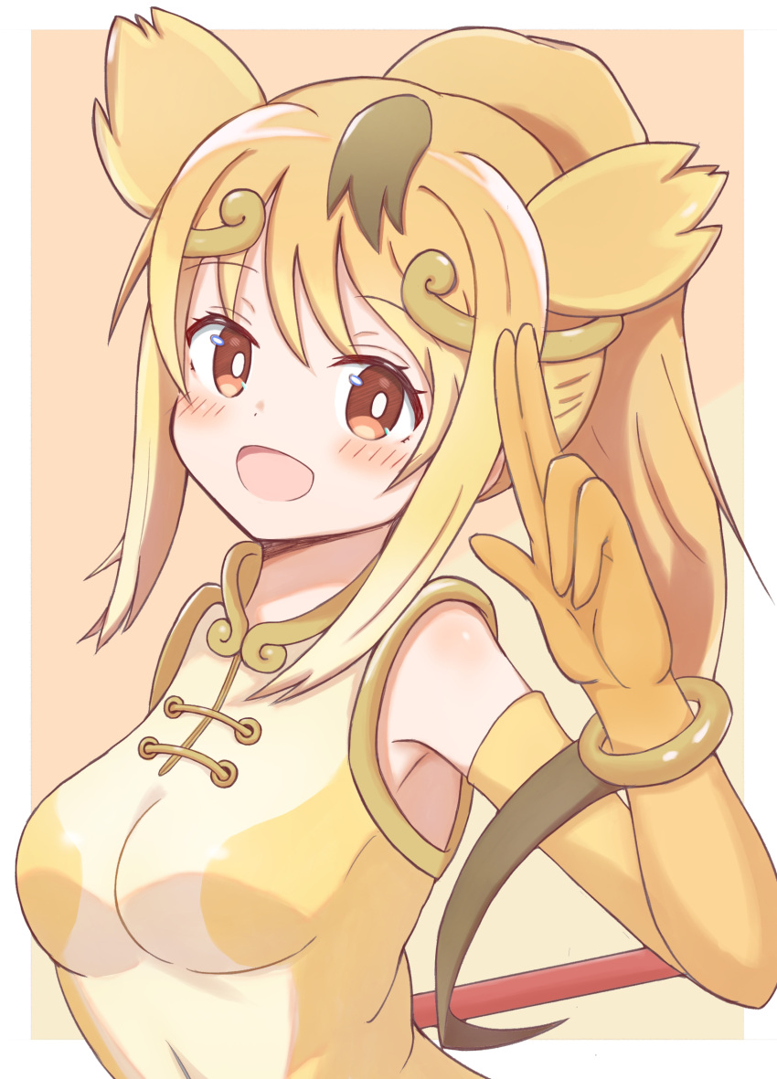 1girl :d absurdres bangs blonde_hair blush breasts brown_background circlet commentary_request covered_navel elbow_gloves eyebrows_visible_through_hair gloves golden_snub-nosed_monkey_(kemono_friends) hair_between_eyes highres kemono_friends long_hair medium_breasts orange_gloves ponytail red_eyes shirt sleeveless sleeveless_shirt smile solo sunanuko_(ramuneko) two-tone_background upper_body white_background yellow_shirt