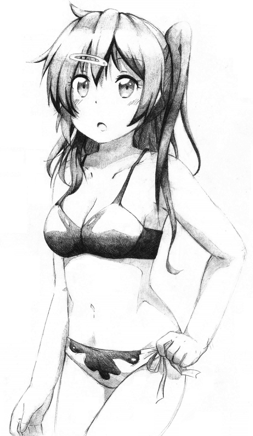 1girl :o adjusting_clothes adjusting_swimsuit awengrocks bikini blush chuunibyou_demo_koi_ga_shitai! cowboy_shot cute grayscale hairclip kyoto_animation long_hair navel nibutani_shinka open_mouth ribbon side_ponytail simple_background solo swimsuit traditional_media