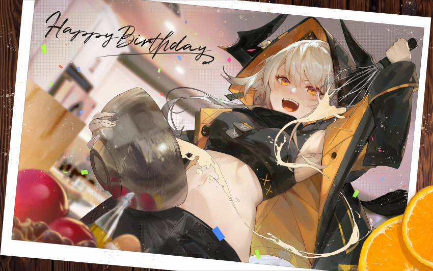 1girl :d absurdres apple arm_up armpits artist_request black_jacket black_shirt black_shorts bowl breasts check_artist cream crop_top food fruit happy_birthday highres holding hood hooded_jacket horns horns_through_headwear jacket kaerunoko karenina_(punishing:_gray_raven) long_hair long_sleeves medium_breasts midriff navel orange_eyes photo_(object) punishing:_gray_raven revealing_clothes shirt shorts sleeveless sleeveless_shirt smile solo stomach v-shaped_eyebrows whisk white_hair