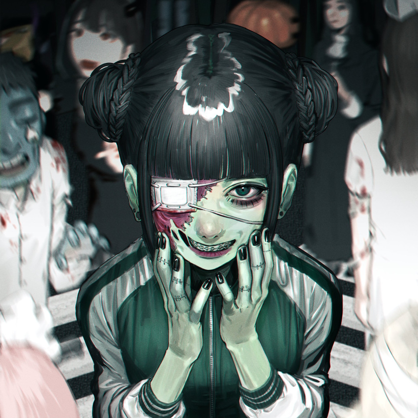 1boy 5girls bangs black_eyes black_hair black_jacket blood blood_on_clothes blunt_bangs blurry blurry_background braces colored_skin commentary_request daikon_(tomohiro158) double_bun earrings eyepatch fingernails grey_skin habit hands_on_own_cheeks hands_on_own_face highres jacket jewelry long_hair long_sleeves looking_at_viewer looking_away multiple_girls nail_polish one_eye_covered open_mouth original pumpkin_hat shiny shiny_hair short_hair smile solo_focus stitched_face stitches striped striped_jacket teeth upper_body white_eyepatch white_stripes zombie