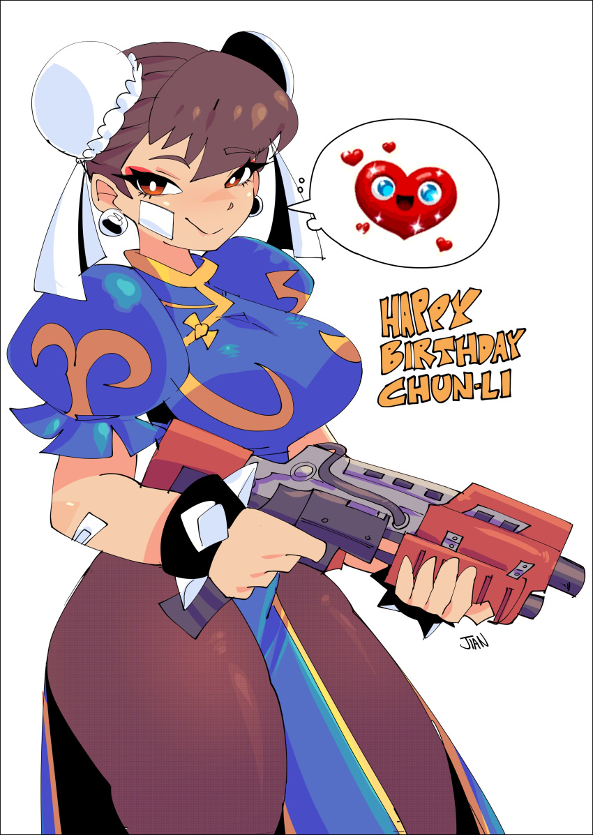 1girl absurdres black_legwear bracelet breasts bun_cover chun-li double_bun eyebrows_visible_through_hair eyeshadow fortnite gun happy_birthday heart highres holding holding_gun holding_weapon jewelry jiansketch large_breasts makeup pantyhose puffy_short_sleeves puffy_sleeves red_eyeshadow short_sleeves smile solo speech_bubble spiked_bracelet spikes spoken_heart street_fighter thick_thighs thighs weapon white_background