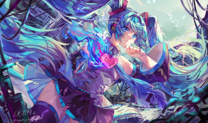 1girl ayatsuki_sugure bandaid bandaid_on_face bare_shoulders black_legwear black_skirt blue_eyes blue_hair blurry blurry_foreground closed_mouth commentary cowboy_shot depth_of_field detached_sleeves dutch_angle eyebrows_visible_through_hair hand_on_own_chin hand_up hatsune_miku heart highres long_hair looking_at_viewer number_tattoo scratches shirt signature skirt sleeveless sleeveless_shirt solo tattoo thigh-highs twintails twitter_username vocaloid white_shirt