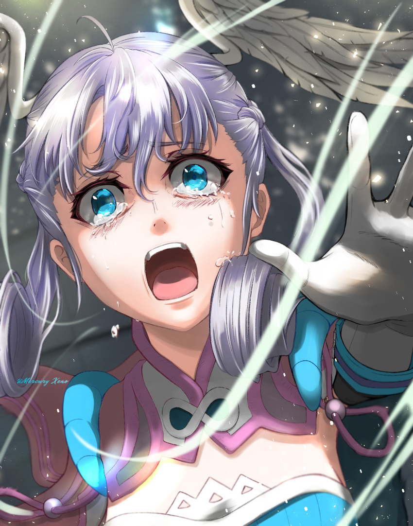 1girl artist_name blue_eyes cape crying dress gloves hat head_wings highres juliet_sleeves long_sleeves melia_antiqua mercury_xeno open_mouth puffy_sleeves screaming short_dress silver_hair solo tears wings xenoblade_chronicles xenoblade_chronicles_(series)