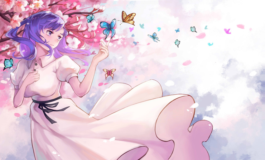 1girl absurdres black_ribbon breasts bug butterfly cherry_blossoms chinese_commentary closed_mouth collared_dress commentary_request dress fate/stay_night fate_(series) hair_ribbon hand_on_own_chest hand_up highres large_breasts light_smile long_hair looking_afar matou_sakura nekocat puffy_short_sleeves puffy_sleeves purple_hair red_ribbon ribbon short_sleeves solo upper_body violet_eyes