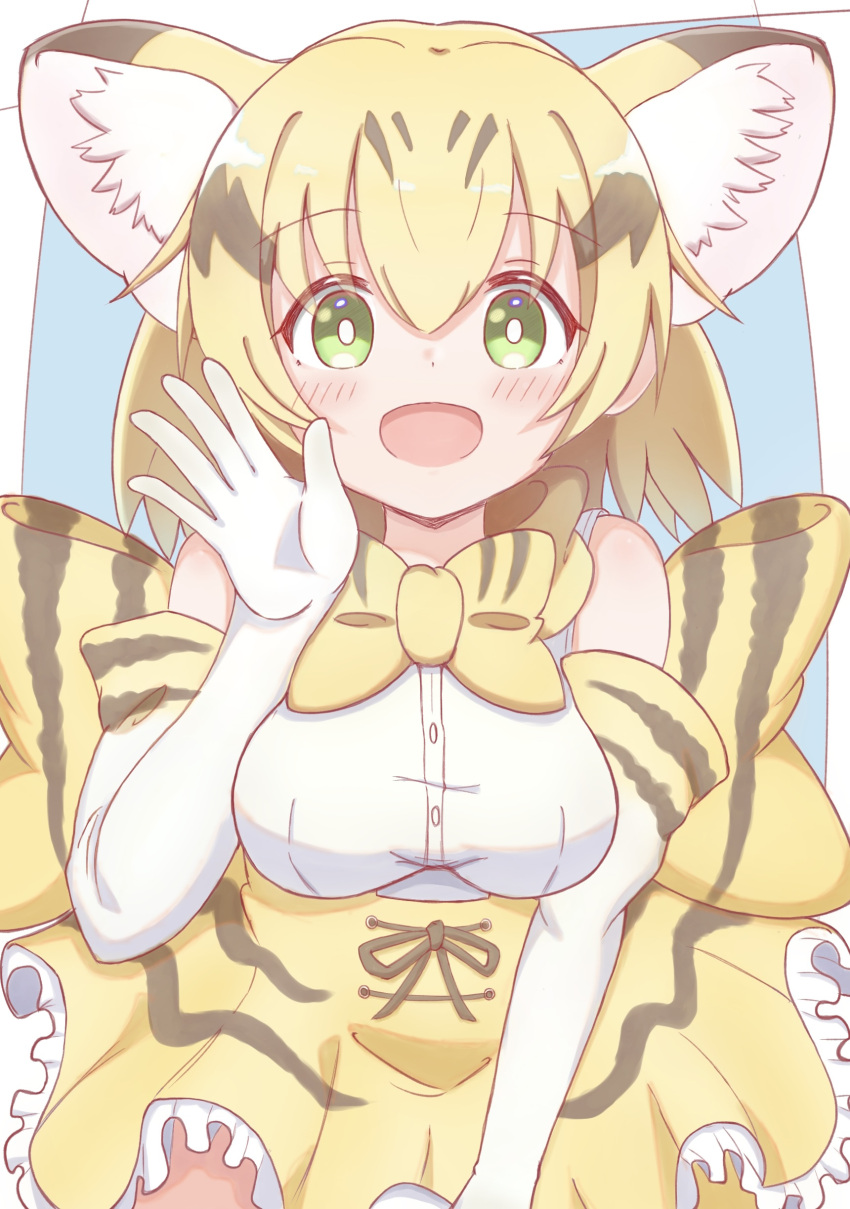 1girl :d absurdres animal_ear_fluff animal_ears bare_shoulders black_hair blonde_hair blue_background blush bow bowtie breasts cat_ears commentary_request elbow_gloves frilled_skirt frills gloves green_eyes hand_up highres kemono_friends looking_at_viewer medium_breasts multicolored_hair sand_cat_(kemono_friends) shirt skirt sleeveless sleeveless_shirt smile solo sunanuko_(ramuneko) two-tone_background two-tone_hair white_background white_gloves white_shirt yellow_bow yellow_bowtie yellow_skirt