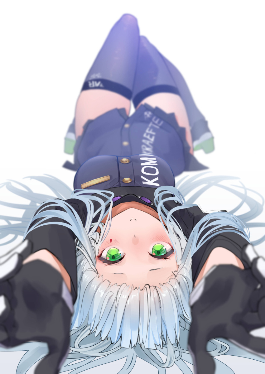 1girl :c absurdres apple_field ass black_gloves blurry blush breasts closed_mouth clothes_writing coat depth_of_field girls_frontline gloves green_eyes greyscale high_heels highres hk416_(girls'_frontline) knees_up large_breasts long_hair looking_at_viewer lying monochrome on_back outstretched_arms purple_coat purple_legwear reaching_out simple_background smile solo teardrop_tattoo thigh-highs upside-down white_background